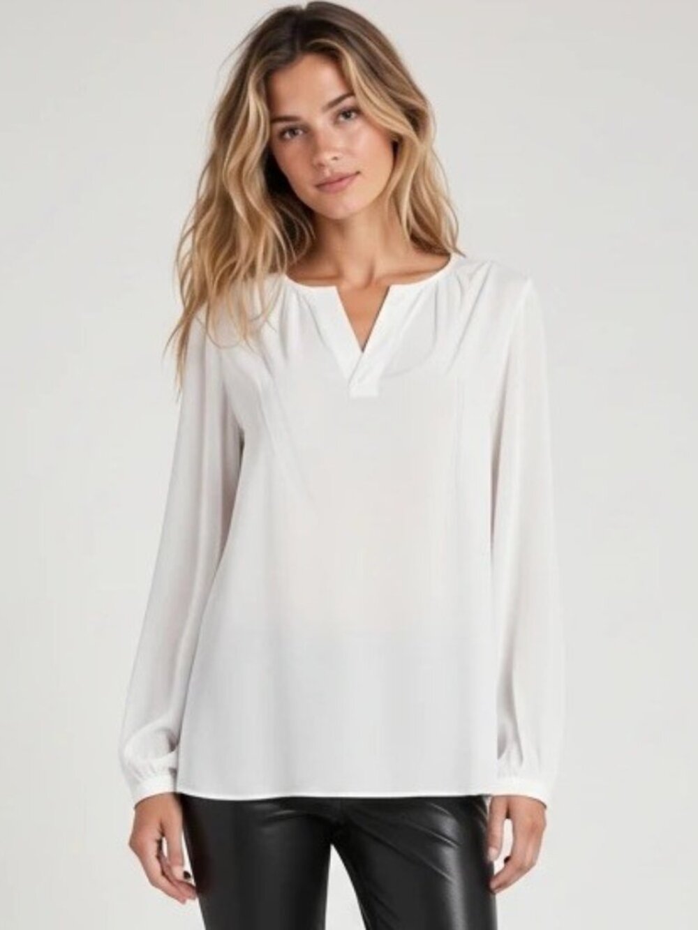 NWT H by Halston White V-Neck Blouse Puff Sleeve Button Cuff S Small